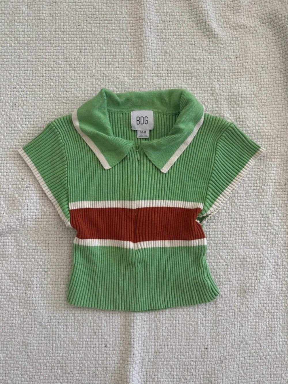 Urban Outfitters Green Ribbed Polo Top with Rust Stripe